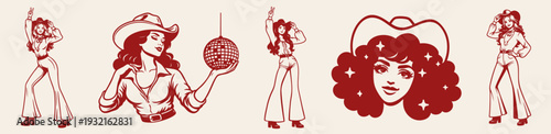 Disco Cowgirl Retro Western Pinup Set, Vintage American Women Portraits in 50s 60s 70s Glamour Rodeo and Western Disco