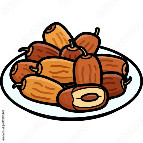 A cartoon illustration of a plate filled with several brown dates, with one date cut open to show its pit.