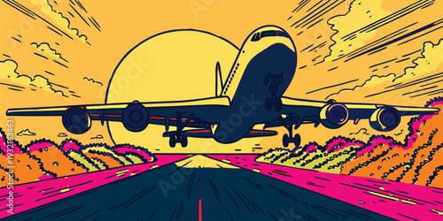 Stylized illustration of a jet plane taking off from a runway into a bright sky
