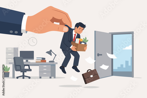 Big Hand Holding Fired Businessman and Dropping Him Out of Office Door, Jobless Employee with Box of Belongings, Corporate Downsizing, Unemployment and Job Loss Concept Illustration