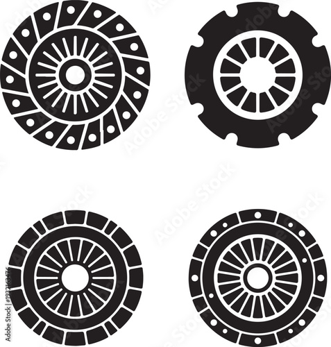 Automotive Clutch Plate and Brake Disc Silhouette Icons for Car Part Maintenance