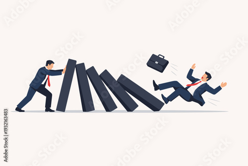 Business Disruption and Domino Effect Concept with a Businessman Pushing a Row of Falling Blocks to Collapse Another Professional, Representing Corporate Rivalry, Sabotage, and Market Failure Vector
