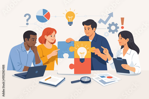 Diverse business team working together to solve problems by assembling a jigsaw puzzle with a lightbulb icon. Concept of collaboration, brainstorming, innovation, and creative strategy.