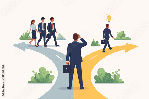 Businessman Standing at a Fork in the Road Making a Difficult Career Decision Between Following the Crowd or Taking a Unique Path to Innovation and Success with a Creative Idea Concept Vector