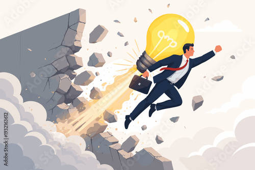 Businessman Flying with Lightbulb Jetpack Breaking Through Stone Wall, Concept of Innovation, Creative Breakthrough, Overcoming Obstacles, Business Success, Leadership, and New Ideas to Freedom.