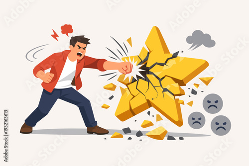 Furious Male Consumer Destroying a Rating Star with a Punch, Concept of Negative Review, Bad Feedback, Customer Dissatisfaction, Anger Management, and Poor Service Experience Illustration