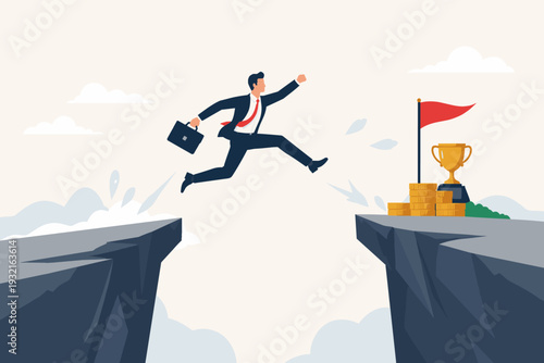 Businessman in suit jumping across a deep gap between two cliffs to reach success and achieve goals, symbol of business challenge, risk taking, ambition, motivation, and career growth concept.