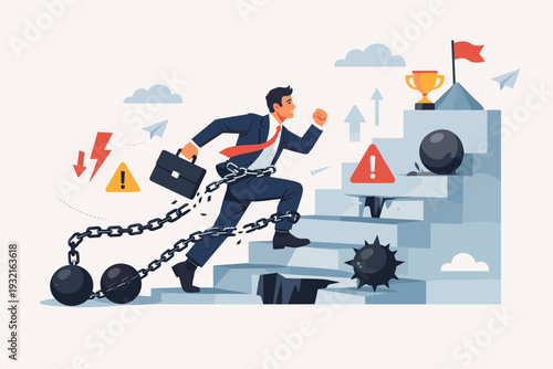 Determined businessman in suit running up career ladder, breaking heavy chains and overcoming obstacles like spikes and gaps to reach trophy and flag, concept of success and perseverance.