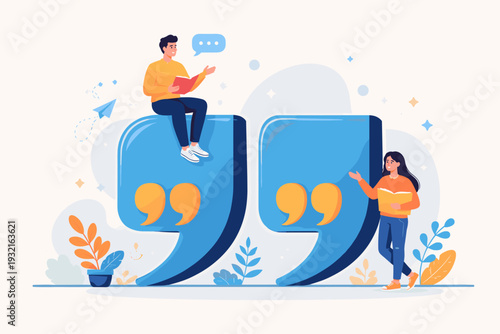 Vector Illustration of People with Large Quotation Marks Reading Books and Sharing Ideas, Concept for Communication, Storytelling, Literature, Education, and Creative Dialogue with Quote Symbols