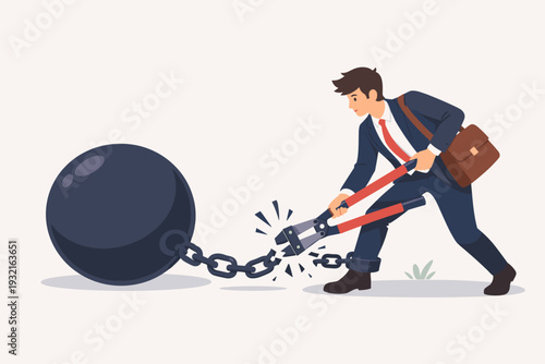 Young Businessman Cutting Chain of Heavy Ball with Bolt Cutters to Break Free from Student Loan Debt, Financial Burden, and Economic Pressure, Concept of Financial Freedom, Relief, and Success.