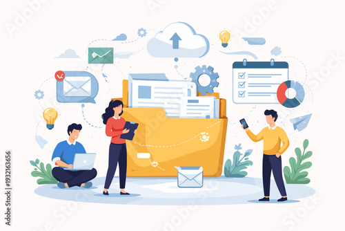 Task Distribution and Work Management Concept with People Sharing Data and File Folders Online. Flat Vector Illustration for Business Collaboration, Team Productivity, and Digital Workspace Apps.