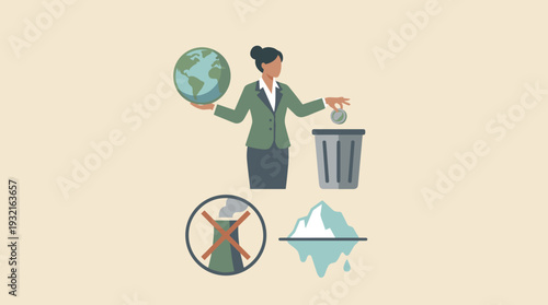 Sustainable Business Concept with Businesswoman Holding Planet Earth and Throwing Away Money to Stop Climate Change, Global Warming, Melting Icebergs and Industrial Pollution Vector Illustration