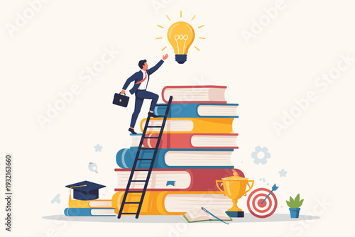Businessman climbing a ladder on a stack of books to reach a glowing light bulb idea. Concept of education, knowledge, career growth, success, and achieving goals through learning and study.