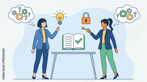 Two Businesswomen Brainstorming Business Problem Solutions with Lightbulb Idea and Key to Unlock Success. Flat Vector Illustration of Female Colleagues Collaborating on Strategy and Innovation.