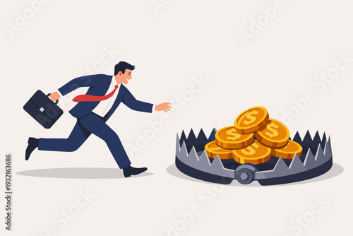 Businessman running to grab gold dollar coins placed on a bear trap, metaphor for greedy financial risk, bad investment, debt trap, and business danger. Vector illustration of man lured by money.