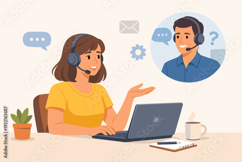 Woman sitting at her computer talking with customer service representative. Client assistance call center hotline. Online technical support and help desk concept. Female operator with headset.