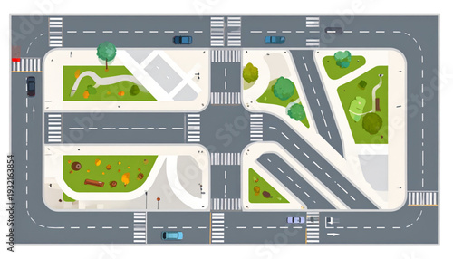 Aerial view of a complex urban park with pathways, green spaces, and water features isolated on transparent background