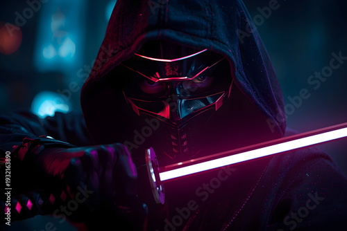 Cyberpunk vigilante in mask and hood holding a glowing pink neon katana sword