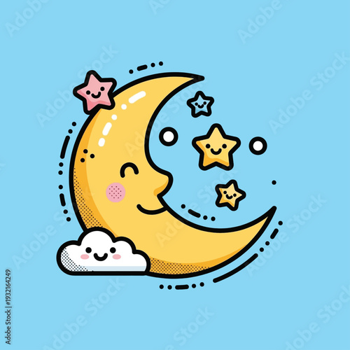 A cute cartoon crescent moon with a happy face, surrounded by smiling stars and a fluffy cloud on a light blue background.