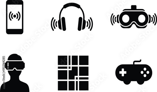 Set of Six Modern Technology Concept Icons Featuring Mobile Communication Virtual Reality and Gaming Elements in Minimalist Black and White Style