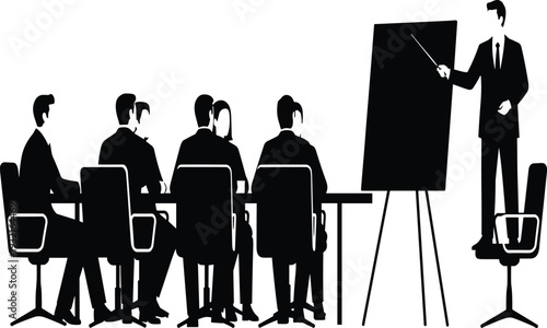 Silhouette of Business Team in Conference Room Training Session with Presenter Pointing at Blackboard for Corporate Education Concept