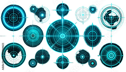 Abstract network of interconnected glowing nodes and geometric shapes isolated on transparent background