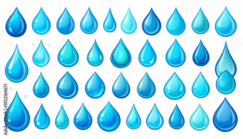 A collection of blue raindrops arranged in a visually appealing pattern isolated on transparent background