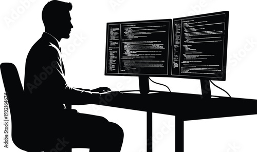 Silhouette of Male Programmer Working on Dual Monitors with Code in Modern Office Workspace for Technology Concept
