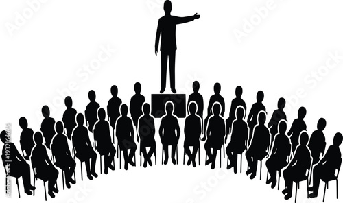 Silhouette of Speaker Presenting to Attentive Audience Sitting in Semi Circle at Business Training Seminar Workshop