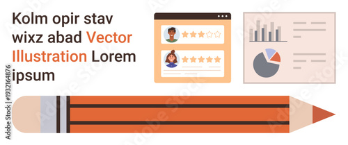 Business analysis, user reviews, data visualization, education, online interaction, creativity. Includes a dashboard with ratings, analytics and a pencil. Business analysis and user reviews concept