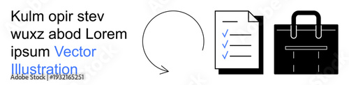 Business organization, project management, workflow automation, task scheduling, office documentation, efficiency strategies. Checklist with tasks, arrow and a briefcase. Business organization