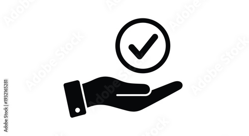 A black silhouette icon depicts an open hand presenting a circular checkmark symbol, signifying complete approval, service delivery, or successful verification of a task or offer.