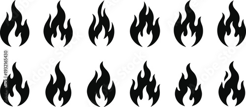 Set of black fire flame silhouettes and campfire icons isolated on white background for bonfire logo design, gas heat symbols, and flammable graphics.Set of 