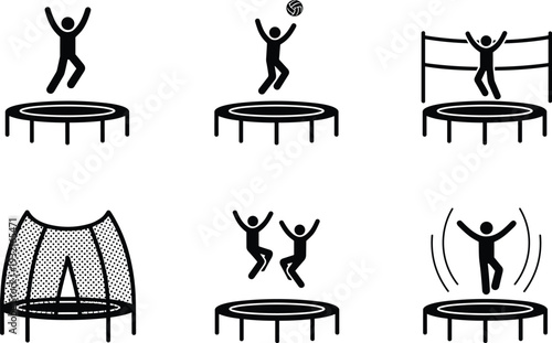Set of Trampoline Icons Featuring People Jumping for Fun Exercise Playing Sports with Ball and Safety Net Enclosure Isolated on White Background Vector Illustration