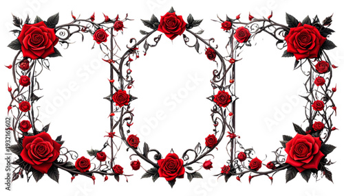 Elegant floral border design with red roses and green leaves framing a decorative pattern isolated on transparent background