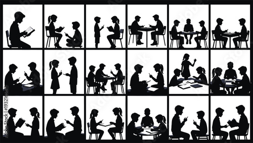 Silhouetted Grid of Children and Students Engaged in Reading Books, Collaborative Learning, Classroom Activities, Peer Tutoring, Group Discussions, and Educational Growth in School Settings