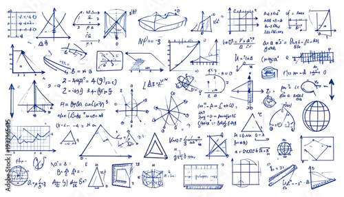 Intricate chalkboard diagram illustrating complex mathematical and physical equations isolated on transparent background