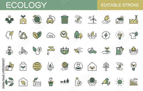 エコロジーに関するラインアイコンセット（線幅変更可能・カラー）