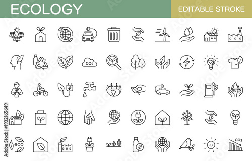 エコロジーに関するラインアイコンセット（線幅変更可能）