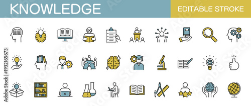 知識に関するアイコンセット　教育・勉強など（線幅変更可能・カラー）