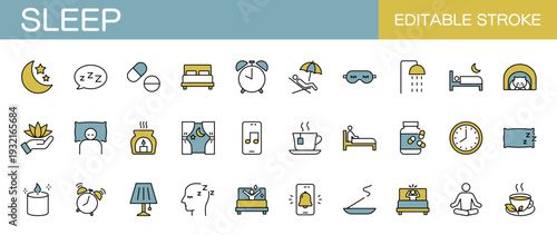 睡眠に関するラインアイコンセット（線幅変更可能・カラー）