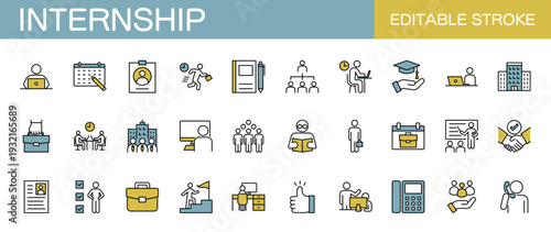 インターンシップに関するラインアイコンセット（線幅変更可能・カラー）