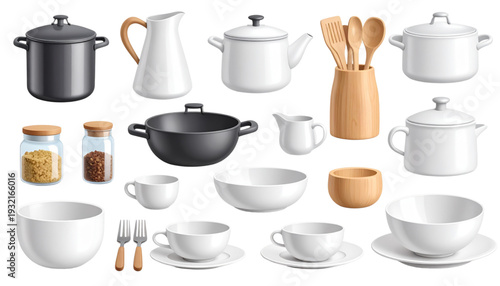 Assorted kitchenware and tableware displayed on a light background isolated on transparent background
