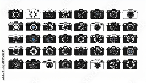 A vintage collection of black and white icons representing various household and office items isolated on transparent background