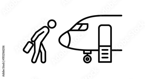 Black outline icon of a passenger carrying luggage and bending over while walking towards the front of a commercial airplane for travel or departure.