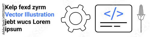 Technology, agriculture, software development, innovation, coding, engineering. A gear, coding card text and corn symbol are . Technology and agriculture together
