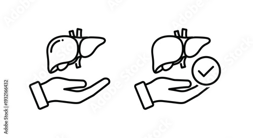 Black and white line art icons depict a human hand presenting a liver organ alongside a second hand offering a healthy verified liver.