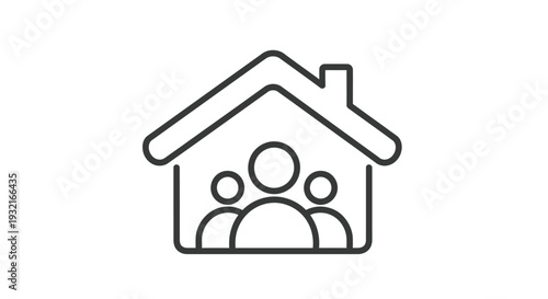 Line art icon of a family or group of people residing within a house, symbolizing home, community, or real estate concepts for modern design elements.