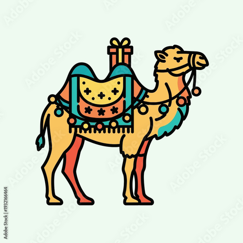 A vibrant cartoon illustration of a camel adorned with festive decorations and a gift box on its back.
