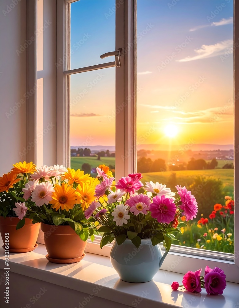 Fototapeta premium View through a window of colorful flowers in pots, overlooking a vibrant sunset